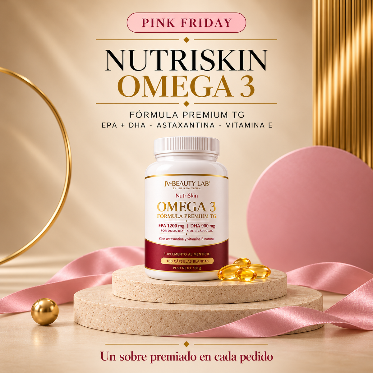NutriSkin Omega 3 Fórmula Premium TG | EPA 1200 mg + DHA 900 mg | 180 cápsulas blandas